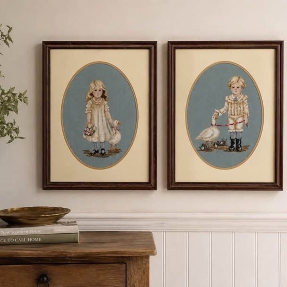 Vintage Framed Needlepoint Pair - Boy and Girl with Ducks